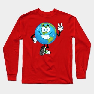 Smiling earth globe cartoon character showing peace hand sign Long Sleeve T-Shirt